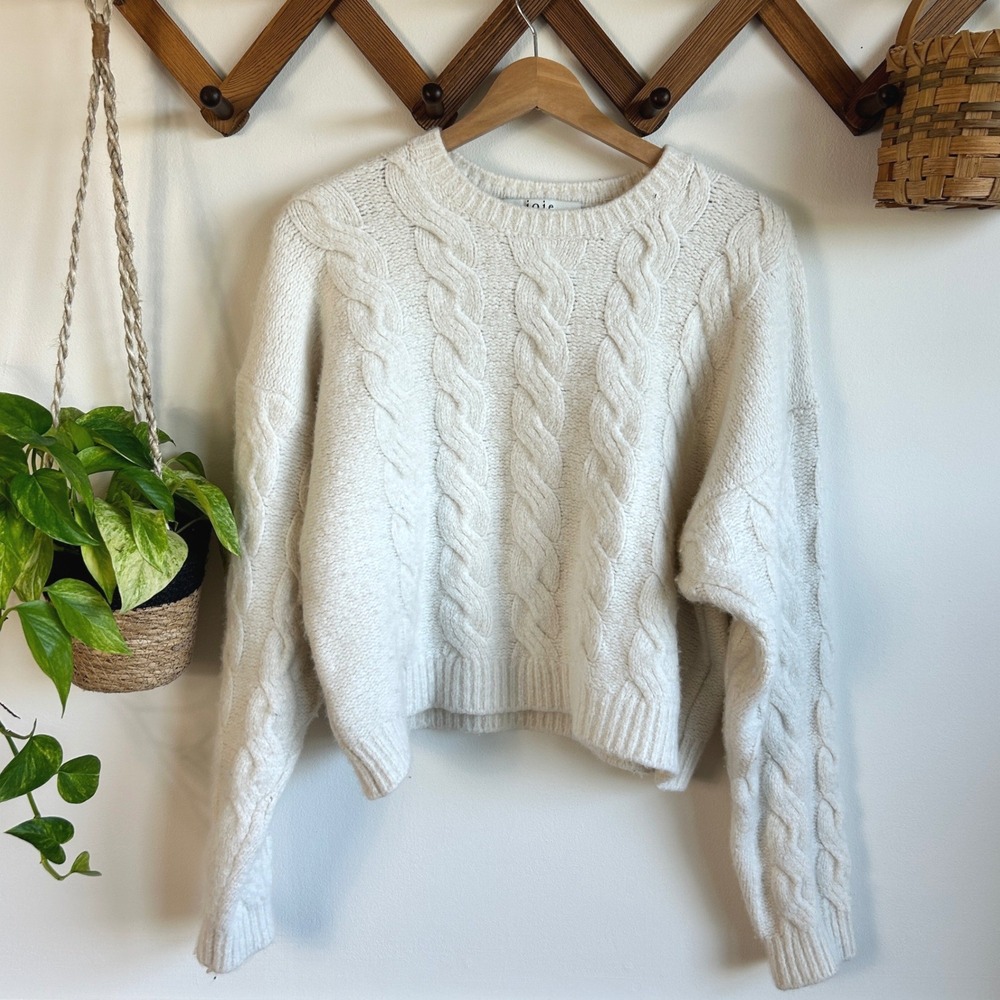 Joie Hyannis Cream Cable Knit Cropped Wool Blend Sweater Size L Oversized